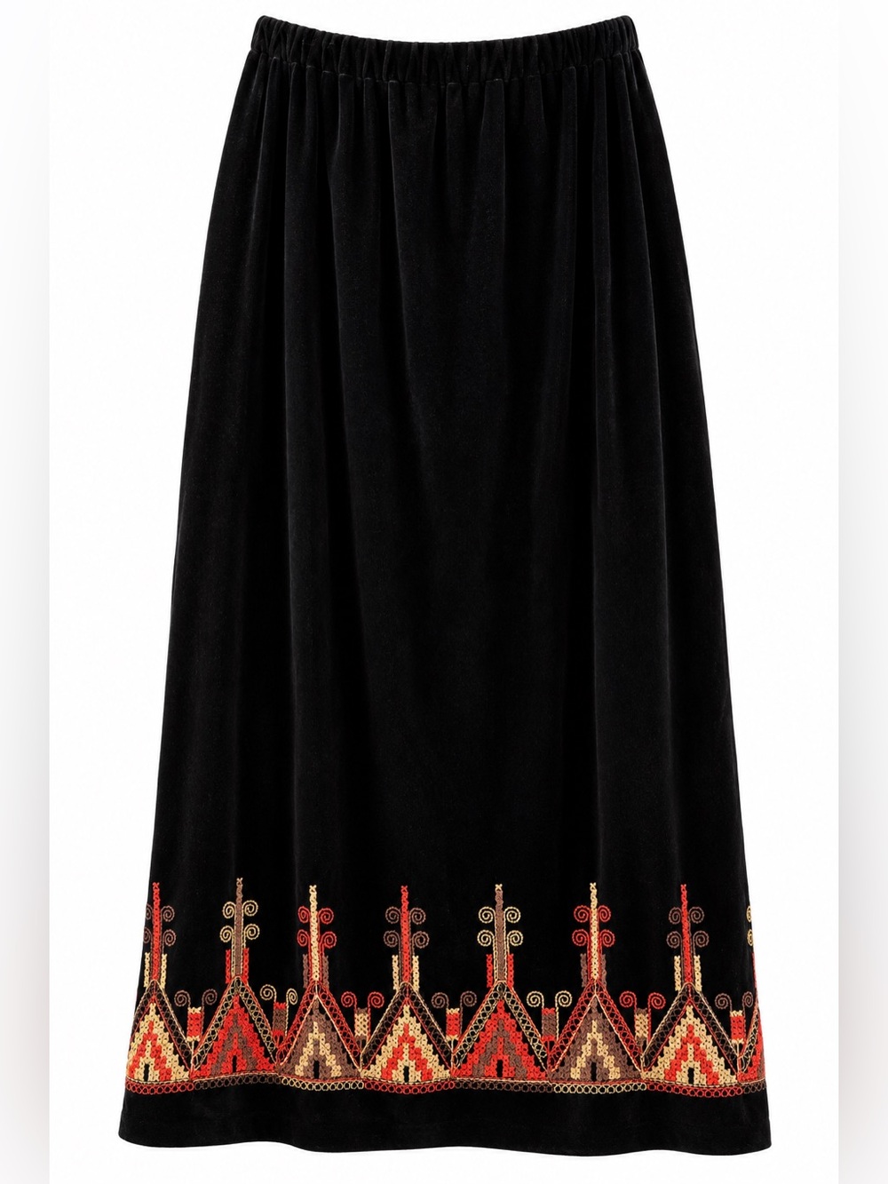 Black Velvet Feel Embroidered Boho Maxi Skirt Elastic Waist Medium